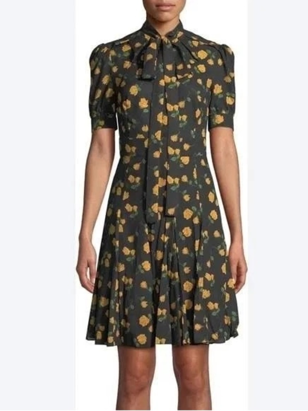 Michael Kors Collection Black Floral Tie-Neck Midi Dress with Yellow Roses